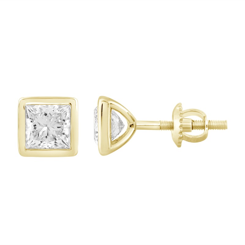 LADIES SOLITAIRE EARRINGS 3CT PRINCESS DIAMOND 14K YELLOW GOLD