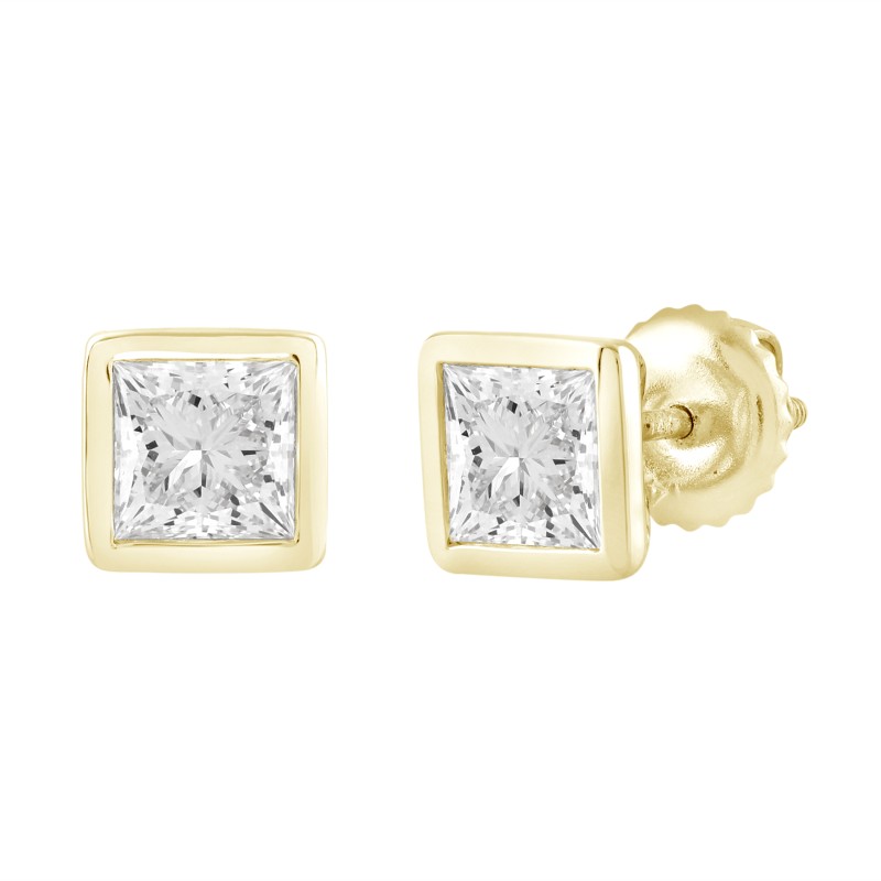 LADIES SOLITAIRE EARRINGS 3CT PRINCESS DIAMOND 14K YELLOW GOLD