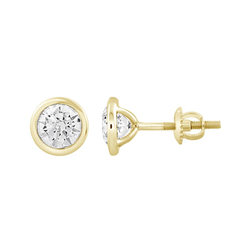 LADIES SOLITAIRE EARRINGS 1CT ROUND DIAMOND 14K YELLOW GOLD