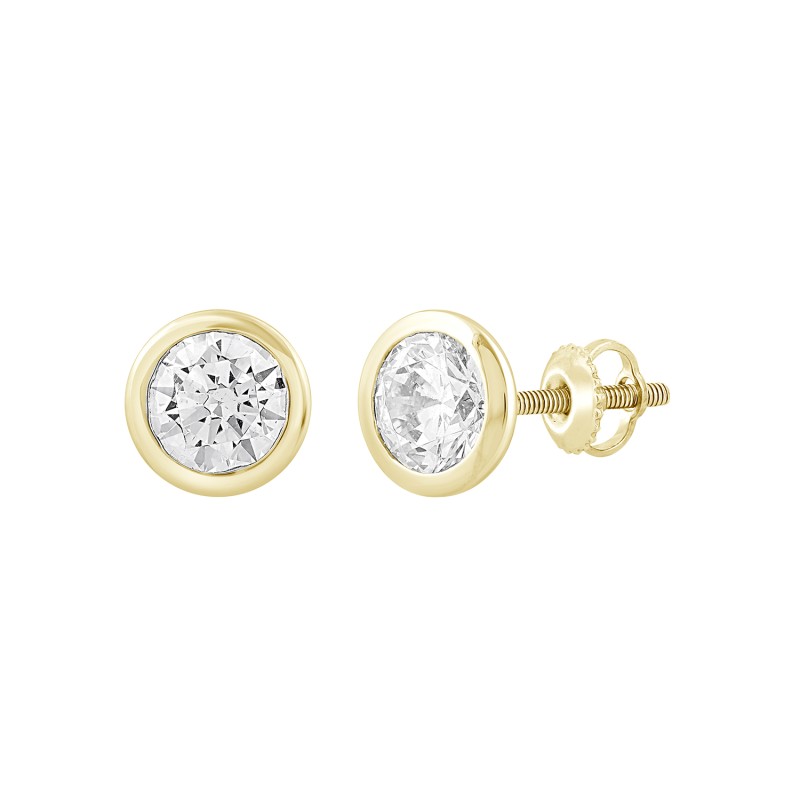 LADIES SOLITAIRE EARRINGS 1CT ROUND DIAMOND 14K YELLOW GOLD