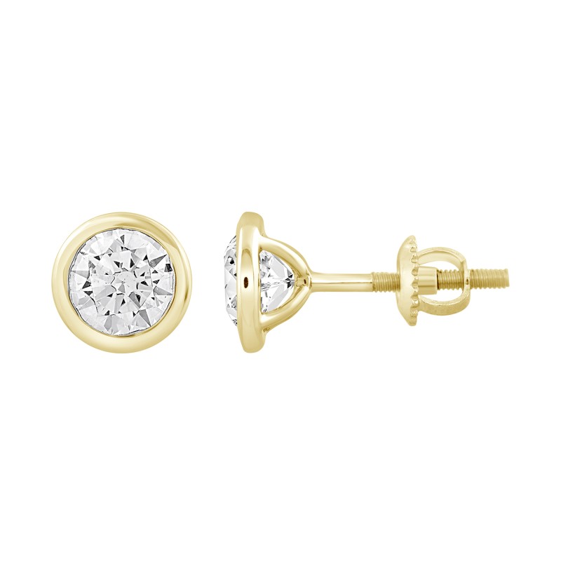 LADIES SOLITAIRE EARRINGS 2CT ROUND DIAMOND 14K YELLOW GOLD