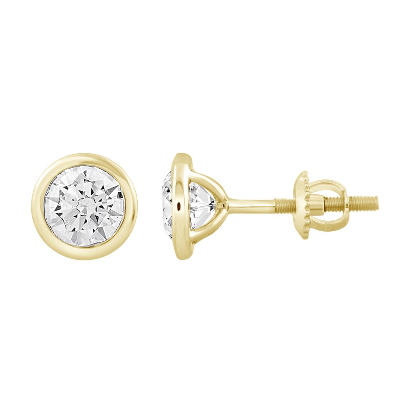 LADIES SOLITAIRE EARRINGS 3CT ROUND DIAMOND 14K YELLOW GOLD