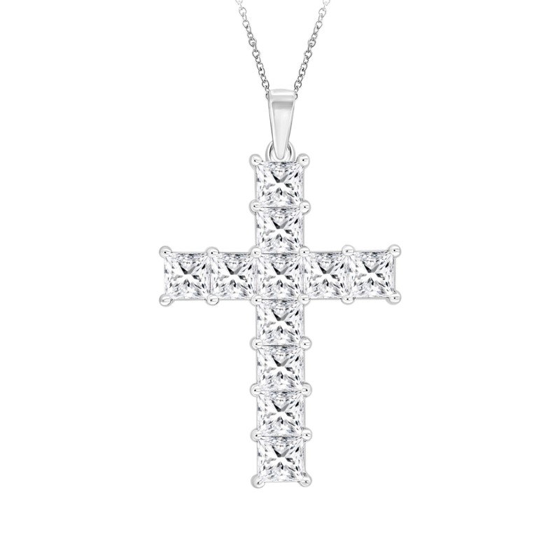 LADIES CROSS PENDANT WITH CHAIN 2 3/4CT PRINCESS DIAMOND 14K WHITE GOLD