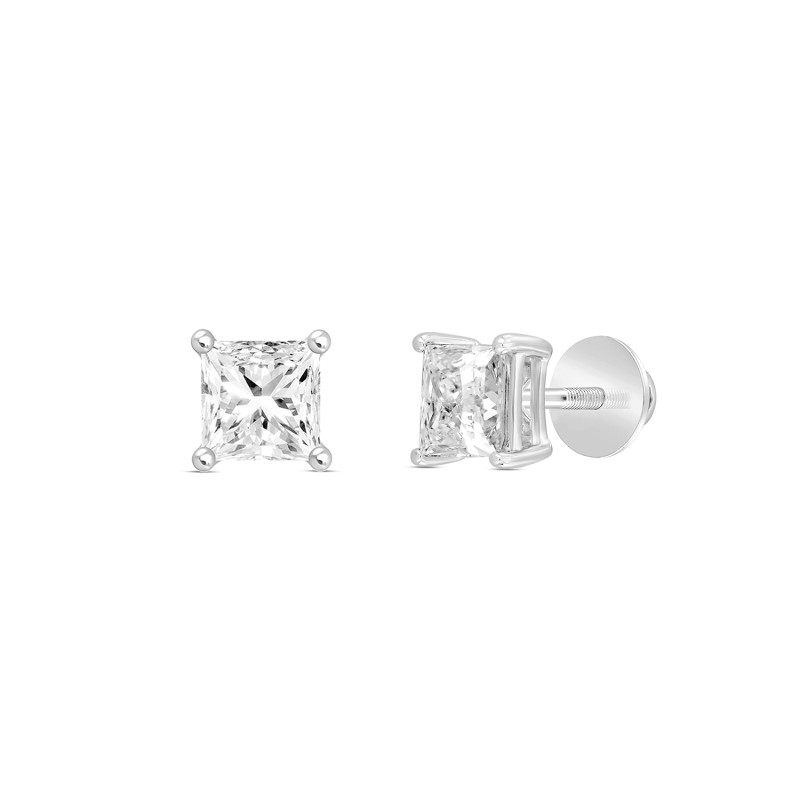 LADIES SOLITAIRE EARRINGS 1CT PRINCESS DIAMOND 14K WHITE GOLD