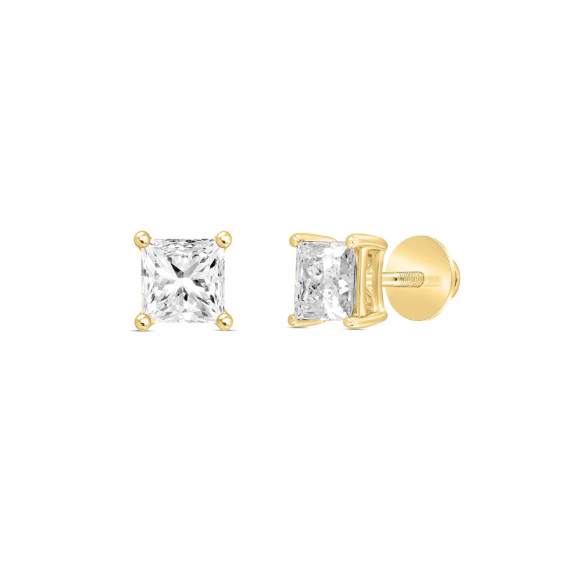 LADIES SOLITAIRE EARRINGS 1CT PRINCESS DIAMOND 14K YELLOW GOLD