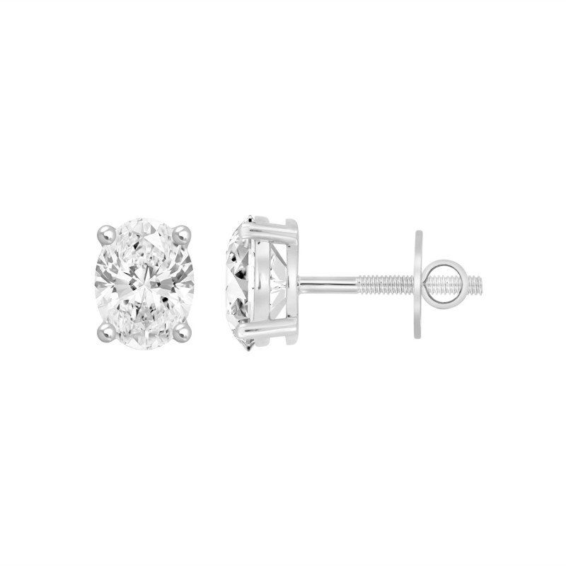 LADIES SOLITAIRE EARRINGS 1CT OVAL DIAMOND 14K WHITE GOLD