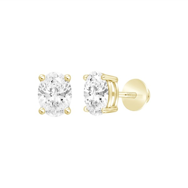 LADIES SOLITAIRE EARRINGS 1CT OVAL DIAMOND 14K YEL...