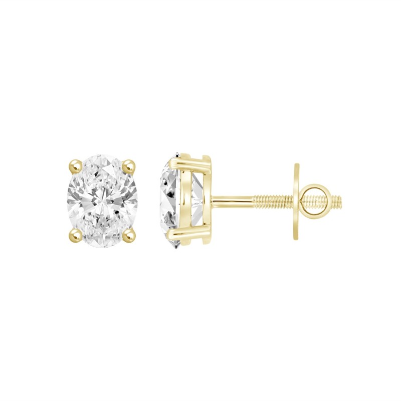 LADIES SOLITAIRE EARRINGS 1CT OVAL DIAMOND 14K YELLOW GOLD