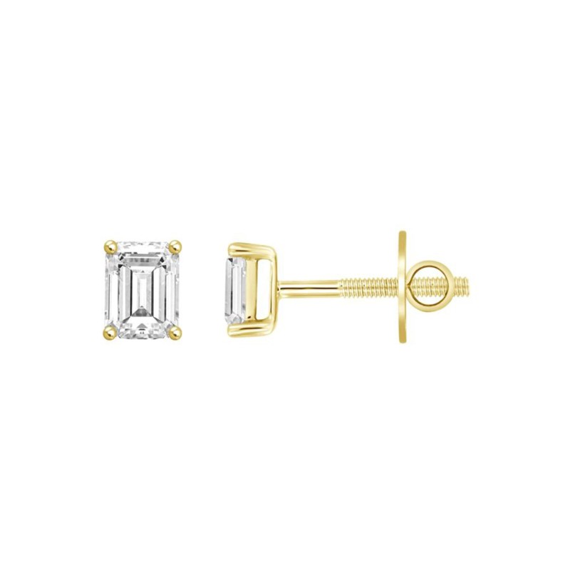 LADIES SOLITAIRE EARRINGS 1CT EMERALD DIAMOND 14K YELLOW GOLD