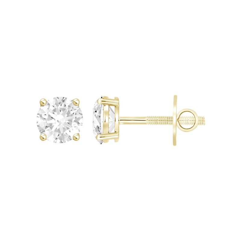 LADIES SOLITAIRE EARRINGS 1CT ROUND DIAMOND 14K YELLOW GOLD