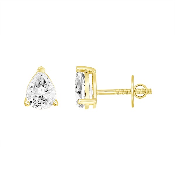 LADIES SOLITAIRE EARRINGS 1CT PEAR DIAMOND 14K YEL...